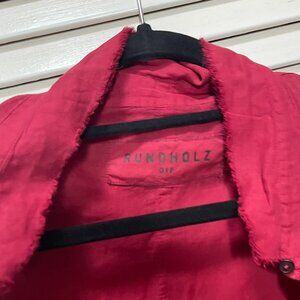 Rundholtz, unique red wine color open-buttoned light cotton top.